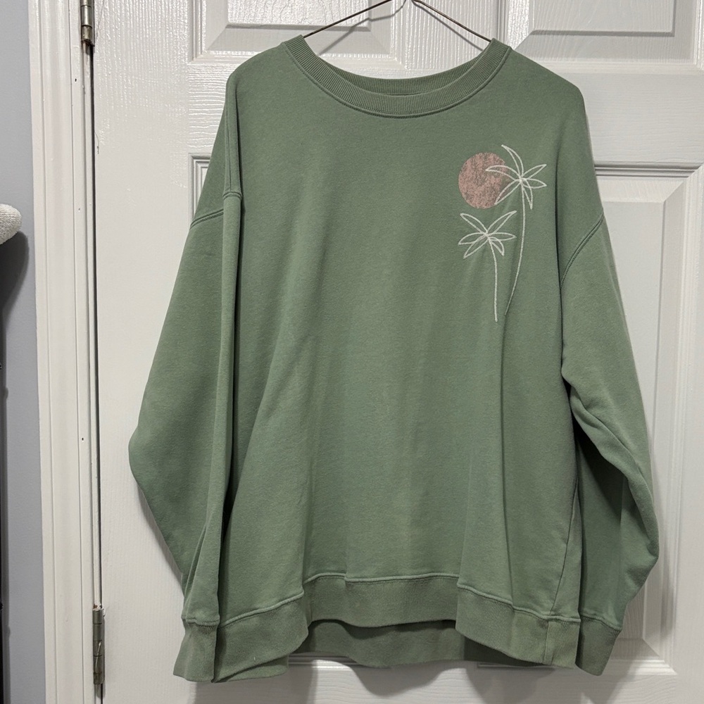 Hollister Green Crew Neck Sweater with Palm Embroidery